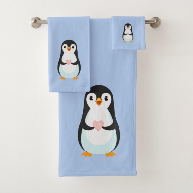 Conjunto De Toalhas Pinguim bonito segurando coração em azul claro (Insitu)