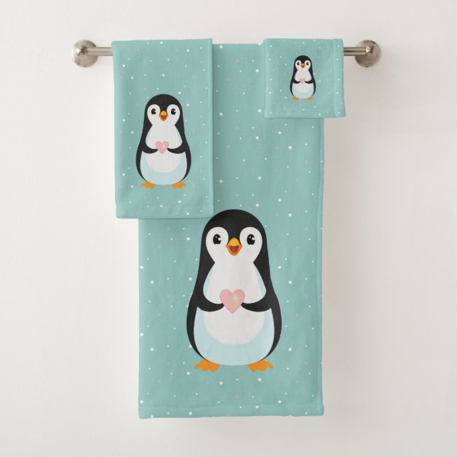 Conjunto De Toalhas Pinguim Fofo Segurando um Coração em Azul Turquesa (Insitu)