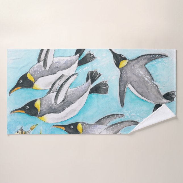 Conjunto De Toalhas Pinguins do Imperador Nadando Aquarela (Toalha de Banho)