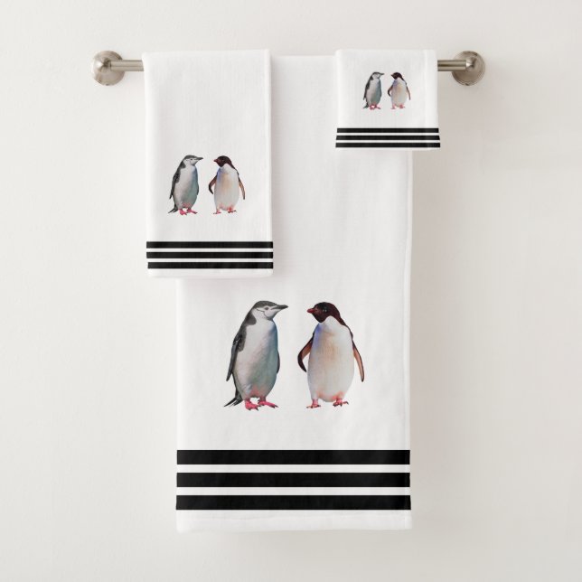 Conjunto De Toalhas Pinguins personalizados e três faixas pretas em br (Insitu)
