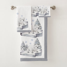 Conjunto De Toalhas Pinheiros de Urso Polar Branco da Aquarela Natal