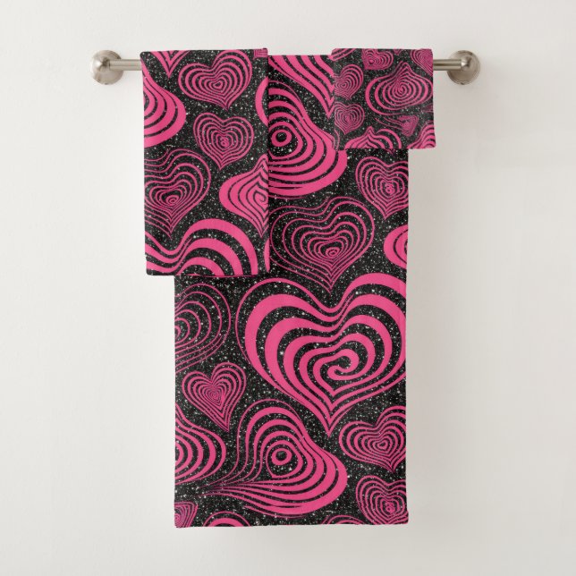 Conjunto De Toalhas Pink Black Glam Abstract Heart Pattern (Insitu)