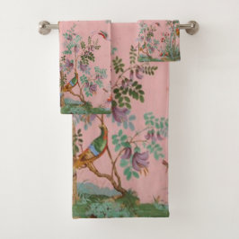 Conjunto De Toalhas Pink Chinoiserie Bird Floral Elegant