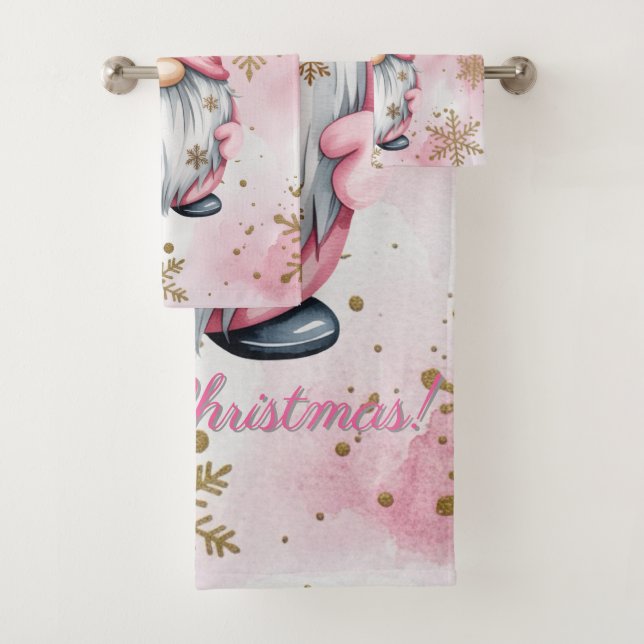 Conjunto De Toalhas Pink Christmas Gnome Gold Snowflakes (Insitu)