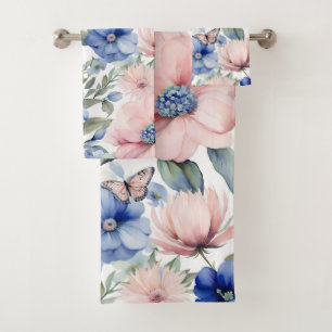 Conjunto De Toalhas Pink clássico e Bunch Flor Azul