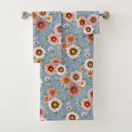 Conjunto De Toalhas Pink Daisy Floral em Azul