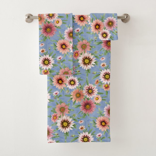 Conjunto De Toalhas Pink Daisy Floral em Azul (Insitu)