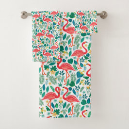 Conjunto De Toalhas Pink Flamingos and Tropical Flowers Pattern