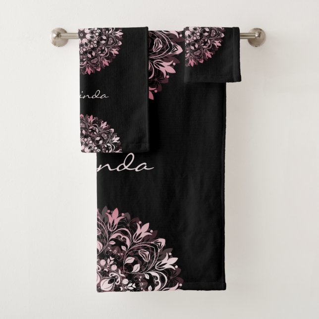 Conjunto De Toalhas Pink Metallic Black | Floral Mandala | Monogram (Insitu)