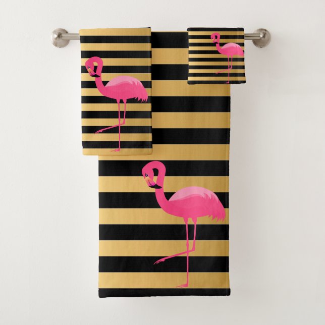 CONJUNTO DE TOALHAS PINK PRETO DOURADO STRIPE FLAMINGO BANTHROOM SET (Insitu)