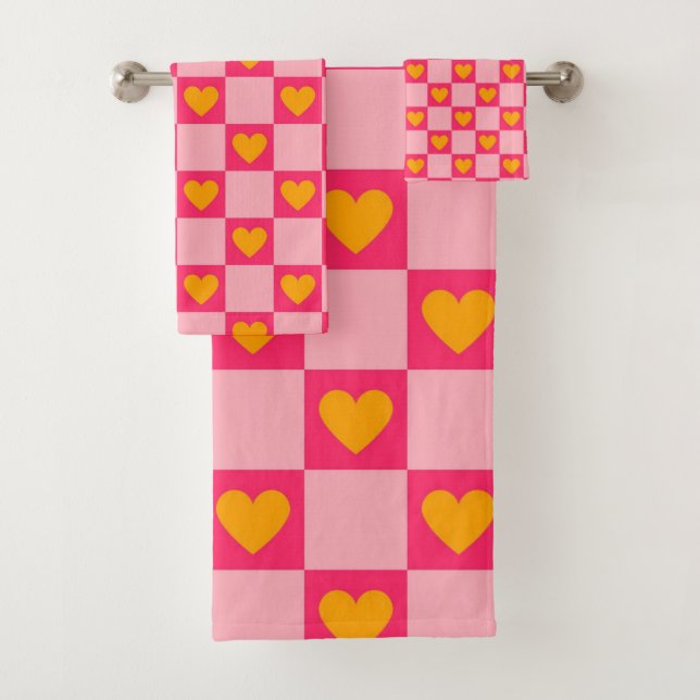 Conjunto De Toalhas Pink Red Yellow Heart Love Checkered Y2K Padrão (Insitu)