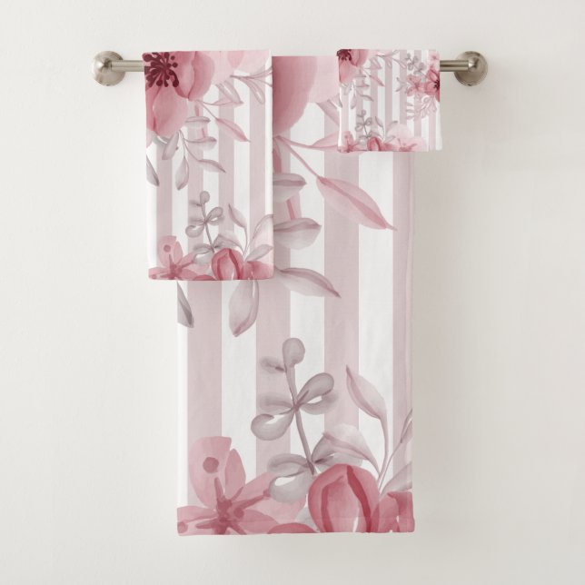 Conjunto De Toalhas Pinstripes Floral Rosa Escuro Elegante (Insitu)