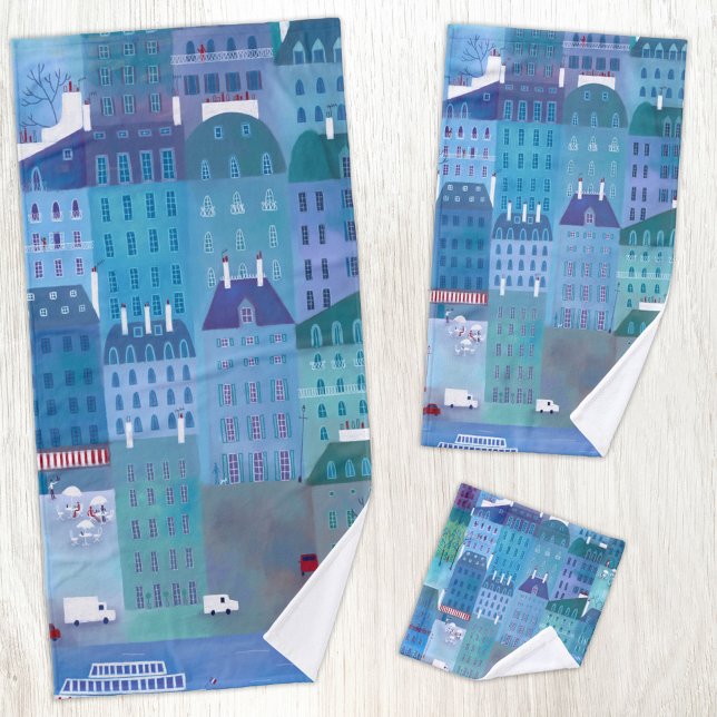 Conjunto De Toalhas Pintura da paisagem urbana de Paris em Azul (Paris France cityscape blue art bathroom towel set.)
