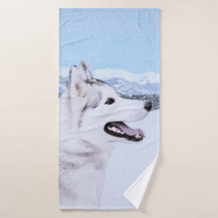 Conjunto De Toalhas Pintura de Cão Siberiana (Prata e Branco)