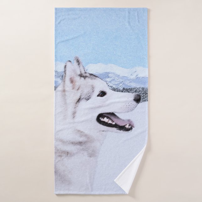 Conjunto De Toalhas Pintura de Cão Siberiana (Prata e Branco) (Toalha de Banho)