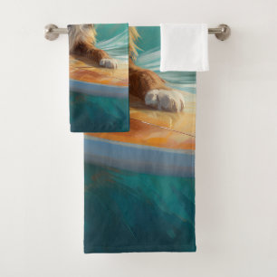 Conjunto De Toalhas Pintura de Surf na Praia do Australian Shepherd