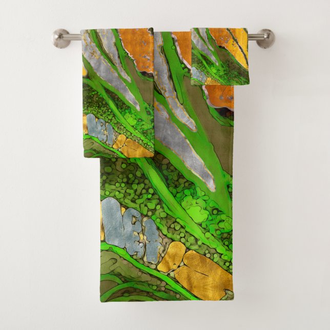 Conjunto De Toalhas pintura por abstrato, listras, ouro, prata, verde (Insitu)