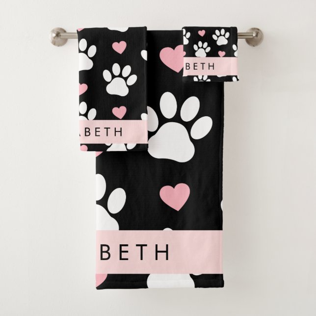 Conjunto De Toalhas Pinturas De Cães, Patas Brancas, Corações Rosa, Se (Insitu)