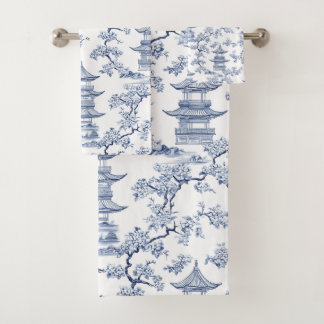 Conjunto De Toalhas PixDezine Azul Chinoiserie Pagodes Flores de Cerej