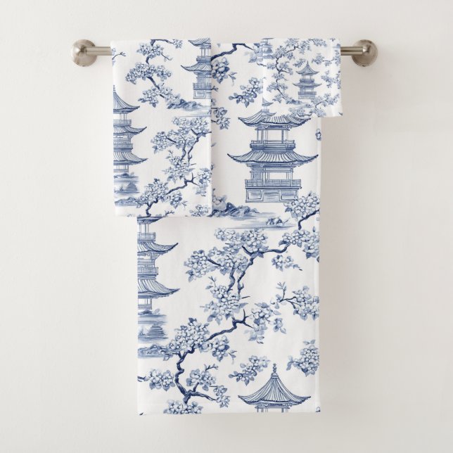Conjunto De Toalhas PixDezine Azul Chinoiserie Pagodes Flores de Cerej (Insitu)