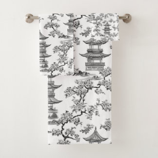 Conjunto De Toalhas PixDezine Pagode de Black Chinoiserie com Flor de