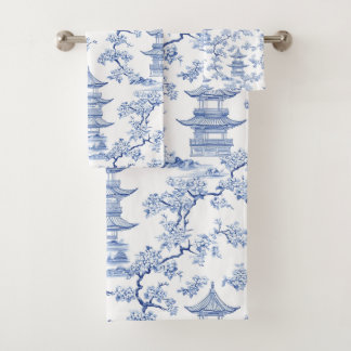 Conjunto De Toalhas PixDezine Pagodes de Chinoiserie Azul Flores de Ce