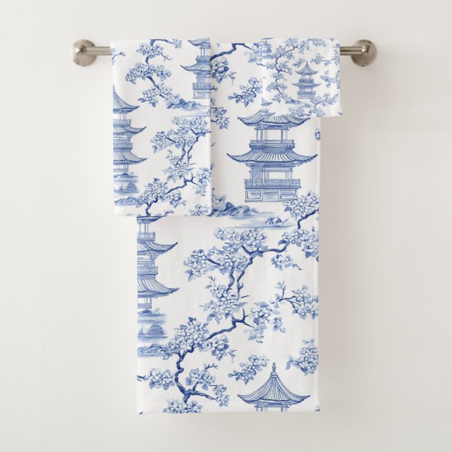 Conjunto De Toalhas PixDezine Pagodes de Chinoiserie Azul Flores de Ce (Insitu)