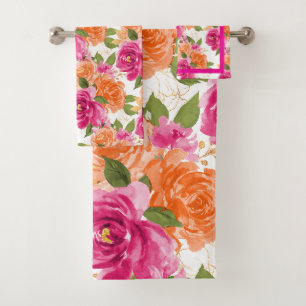 Conjunto De Toalhas PixDezines H2 Flores Laranja Rosas Rosa Quente