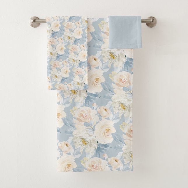Conjunto De Toalhas PixDezines H2 Rosas Azuis Empoeiradas (Insitu)