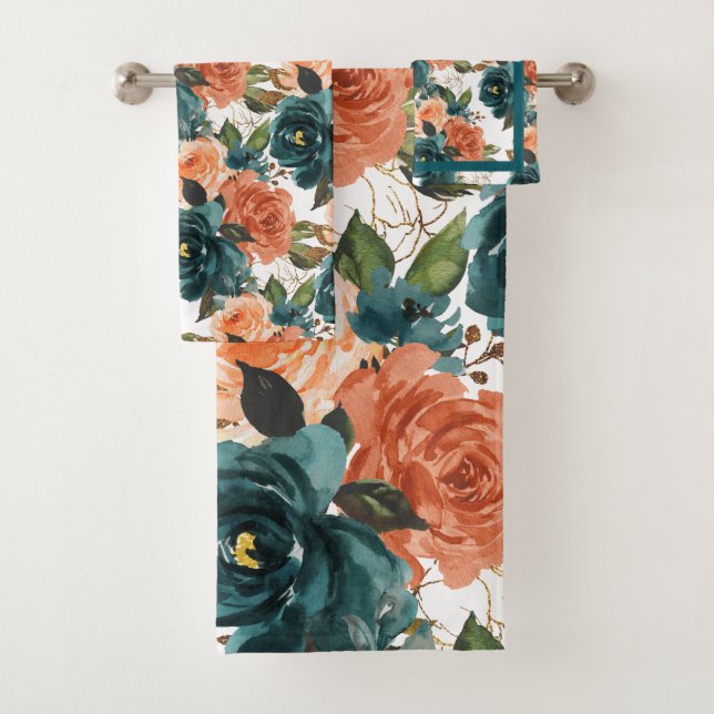 Conjunto De Toalhas PixDezines H2 Verde Teal Rosa Bege Rosas   (Insitu)
