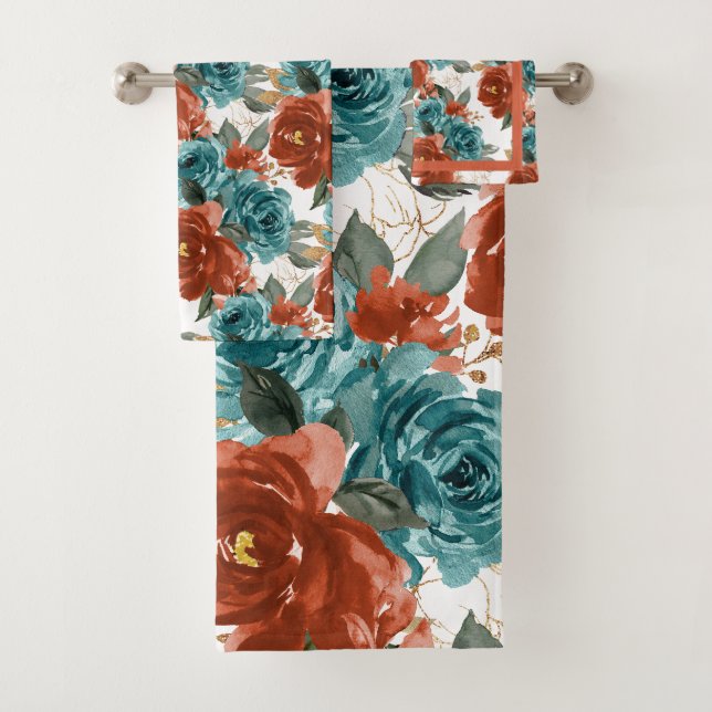 Conjunto De Toalhas PixDezines H2 Verde Teal Rosa Bege Rosas   (Insitu)