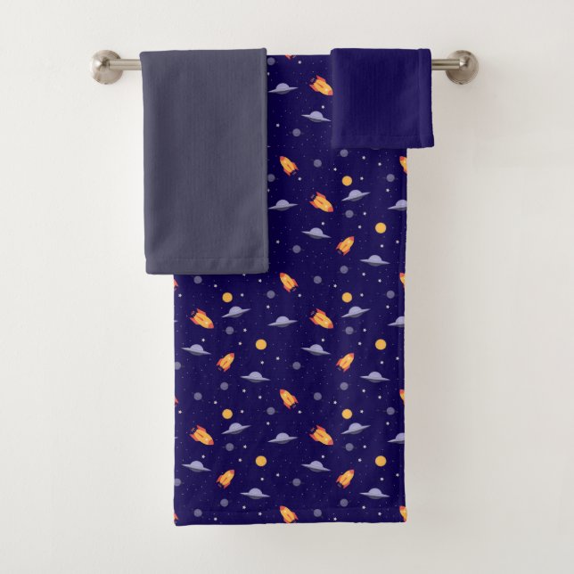 Conjunto De Toalhas Planets stars pattern blue dark gray set Towel (Insitu)