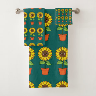 Conjunto De Toalhas Planta de girassol de Kawaii em Pote