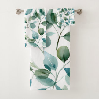 Conjunto De Toalhas Plantas de Eucalipto em Aquarela Azul e Verde