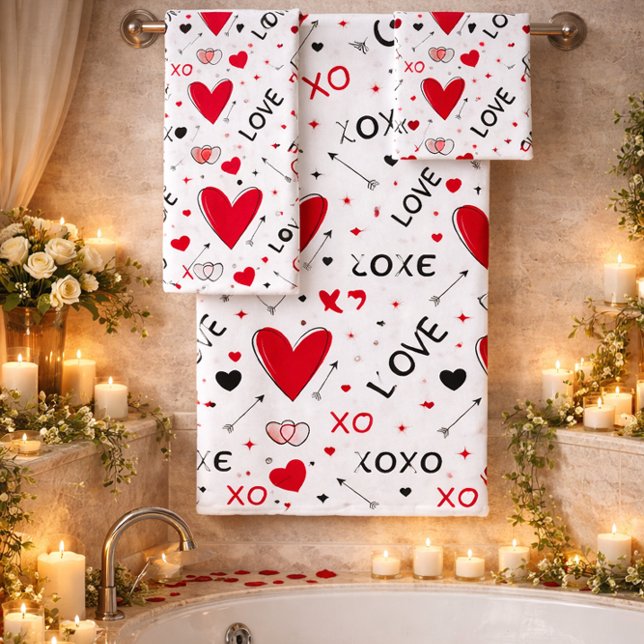 Conjunto De Toalhas Playful Red & White XO Heart Pattern on White (Criador carregado)