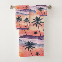 CONJUNTO DE TOALHAS POENTE DE VERÃO AOUARELA LARANJA E ROXO