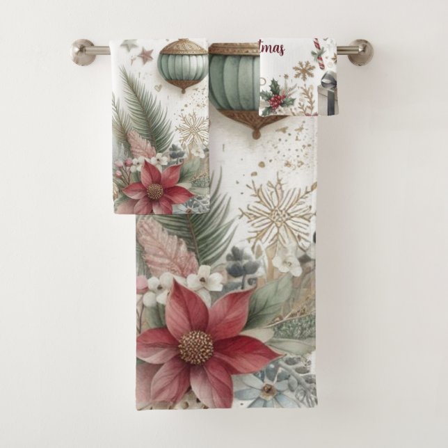 Conjunto De Toalhas Poinsettia de Natal e Floco de Neve Dourado (Insitu)