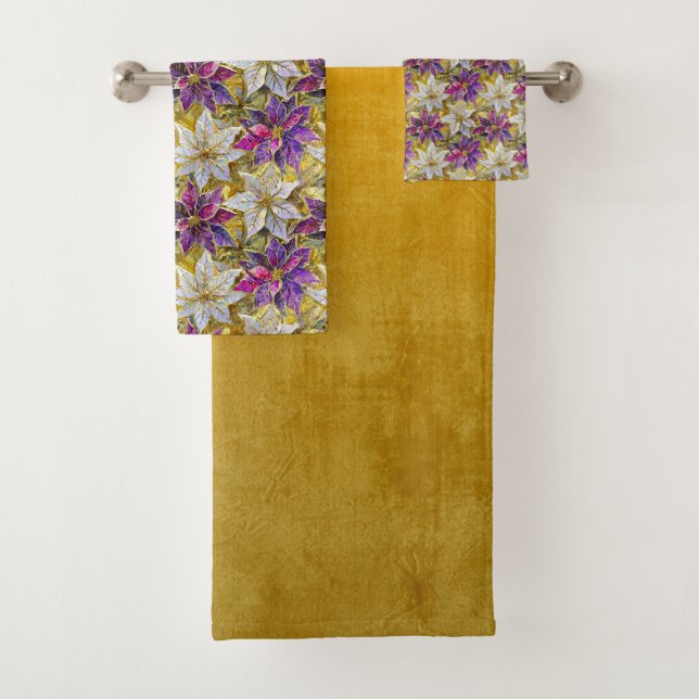 Conjunto De Toalhas Poinsettias de Natal Rosa-Rosa Dourada Branca (Insitu)