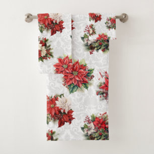 Conjunto De Toalhas Poinsettias e Damask de Natal Elegante