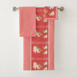 Conjunto De Toalhas Pôneis brilhantes cor-de-rosa com nome para garot