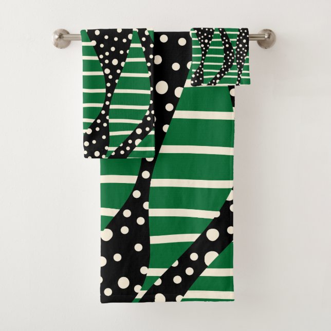 Conjunto De Toalhas Pontos e faixas 2 - Verde, creme e preto (Insitu)