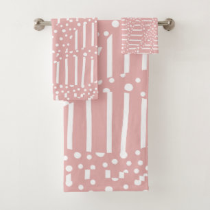 Conjunto De Toalhas Pontos e tiras 2 - Cor-de-rosa e branco
