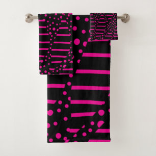 Conjunto De Toalhas Pontos e tiras 2 - Magenta e preto