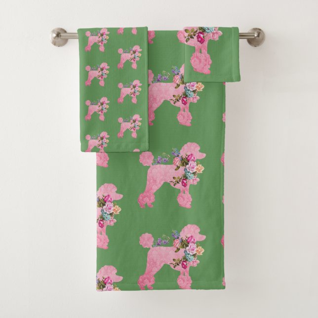 Conjunto De Toalhas Poodle Francês Rosa solteiro em Verde (Insitu)