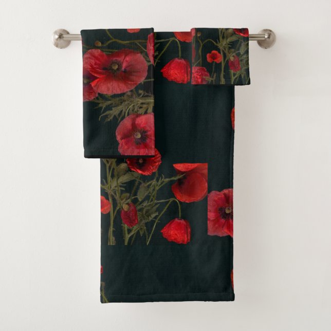 Conjunto De Toalhas Poppies Vermelhos em Preto (Insitu)