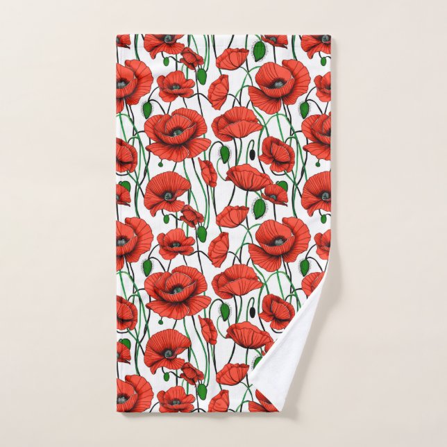 Conjunto De Toalhas Poppies vermelhos num campo de branco (Toalha de mão)
