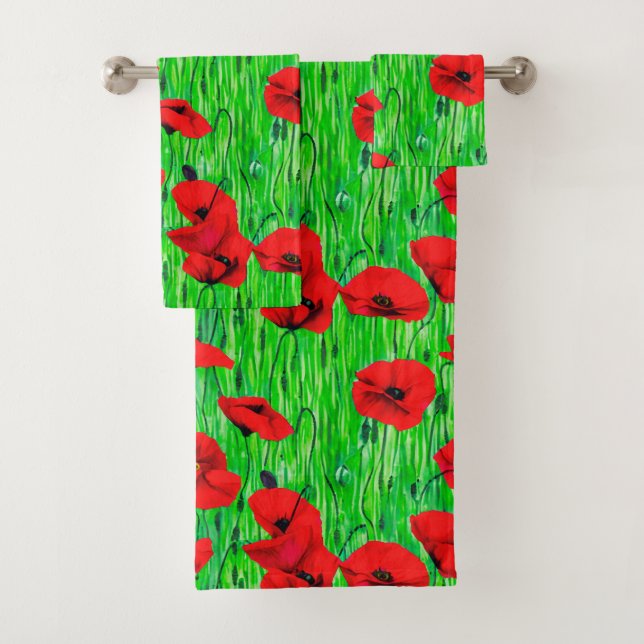 Conjunto De Toalhas Poppies vermelhos num campo verde (Insitu)