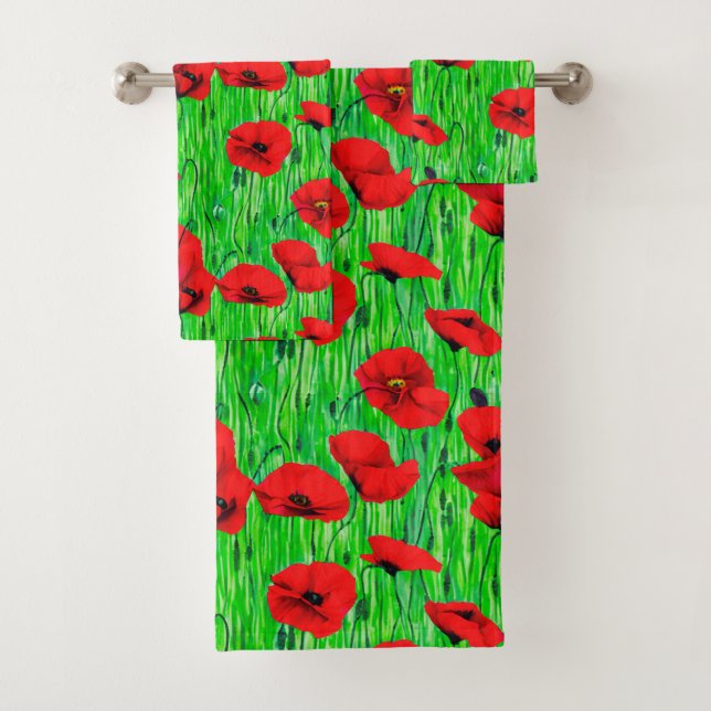 Conjunto De Toalhas Poppies vermelhos num campo verde (Insitu)