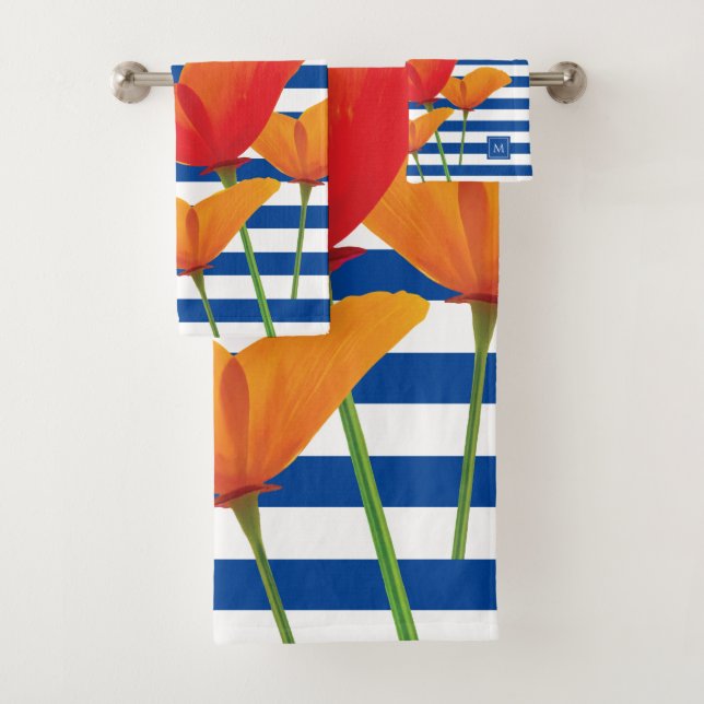 Conjunto De Toalhas Poppy Blue Stripes Monograma (Insitu)