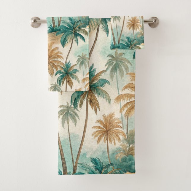 CONJUNTO DE TOALHAS PRAIA TROPICAL VERDE E MARROM COM PALMEIRAS (Insitu)